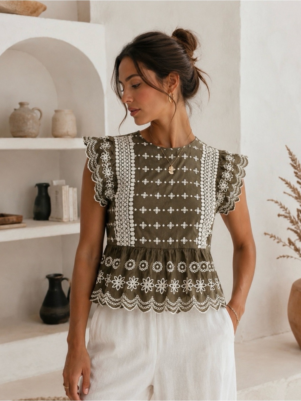 Jennifer & Grace | Olive Embroidered Eyelet Peplum Blouse |100% Cotton |XL